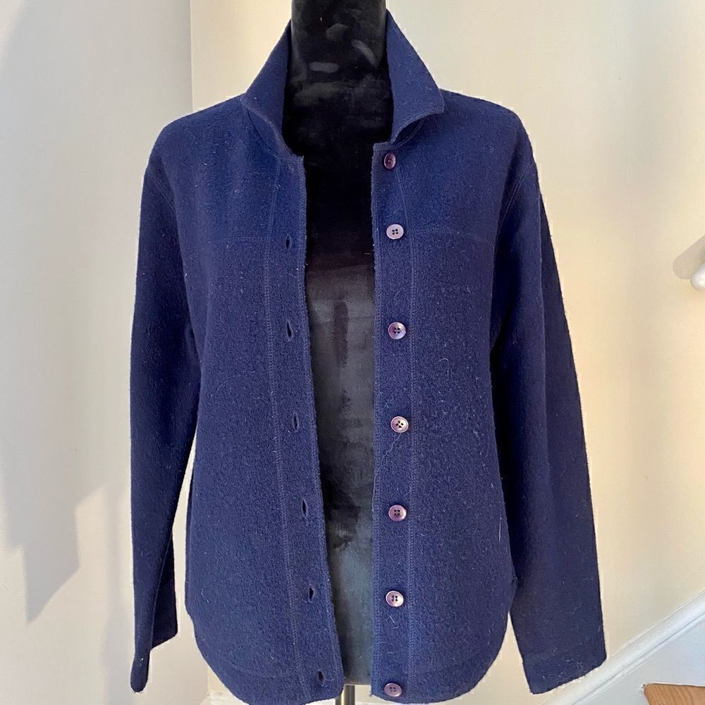 Josephine Chaus Navy Blue Button Down Sweater Jacket w/ two side pockets.